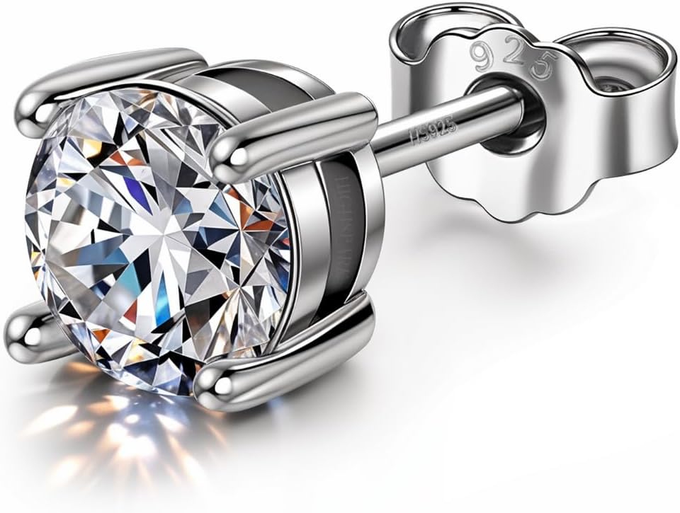 925 Silver Men's Round Solitaire Stud Earring | 92.5 Sterling Silver and Diamond like Brilliance Sparkling Zirconia | Single Stud for Men | Lovely Gift