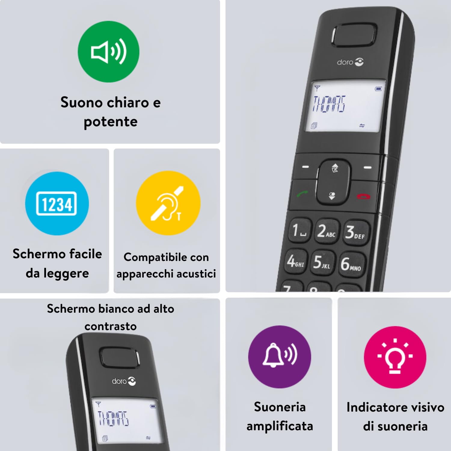 Doro Comfort 1010 Telefono Cordless DECT per Anziani - Telefono Fisso - Tasti Grandi - Interfono - Cordless Casa - Telefono Portatile - Vivavoce - No Segreteria (Nero) [Vers. Italiana]