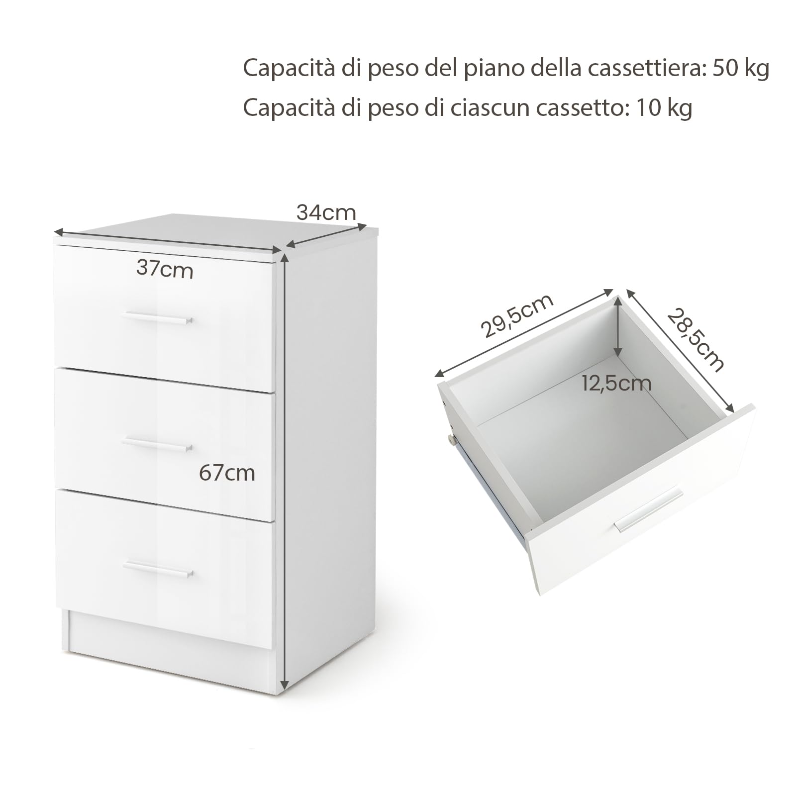GYMAX Cassettiera Porta Documenti, Armadietto con 3 Cassetti, in Legno, Ideale per Ufficio, Studio, Camera da Letto, 37 x 34 x 67 cm (1, Bianco)