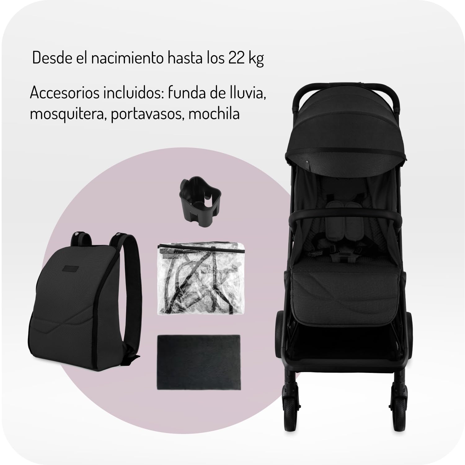 MoMi ANDREA Silla de Paseo Ligera Autoplegable hasta 22 kg | Plegado con Una Mano, Arnés de 5 Puntos, Ruedas EVA, Capota UPF 50+, Mochila, Portavasos, Mosquitera y Burbuja de Lluvia
