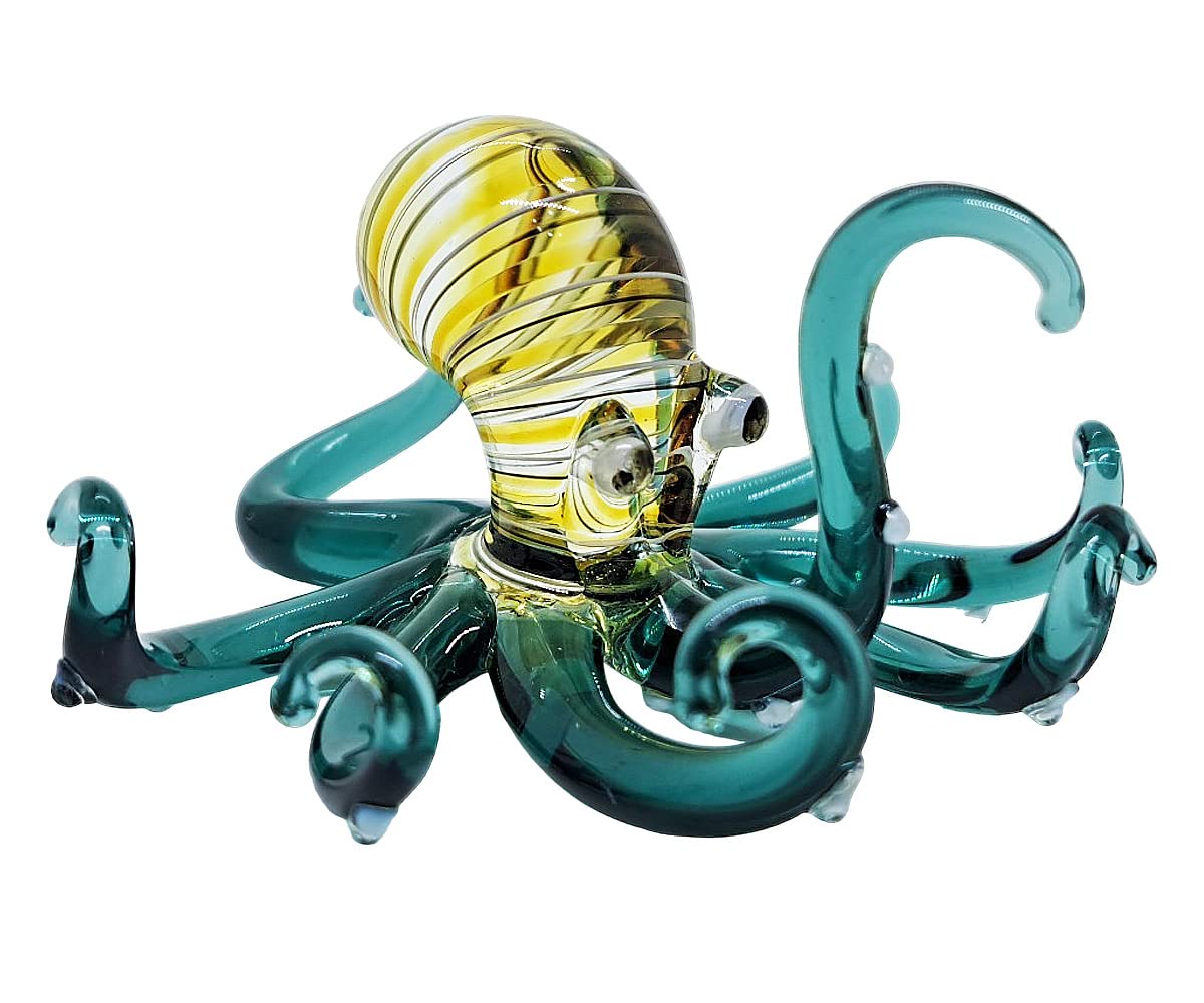 WitnyStore Tiny 3" Striped Yellow Green Octopus Figurine - Miniature Hand Blown Glass Octopuses Squid Cuttlefish Marine Mollusks Colorful Crystal Sea