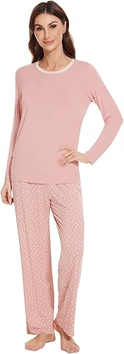 NACHILA - Pijamas para mujer de manga larga, cómodos pantalones de dormir, conjunto de pijama con pliegues y bolsillo, viscosa hecha de bambú