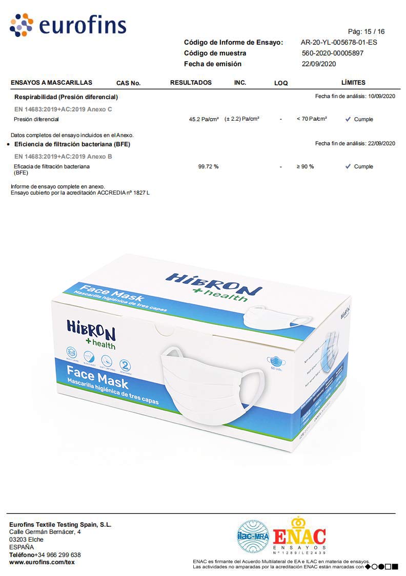 HIBRON Mascarillas Desechables Homologadas CWA 17553:2020 BFE >99% EN14683:2019