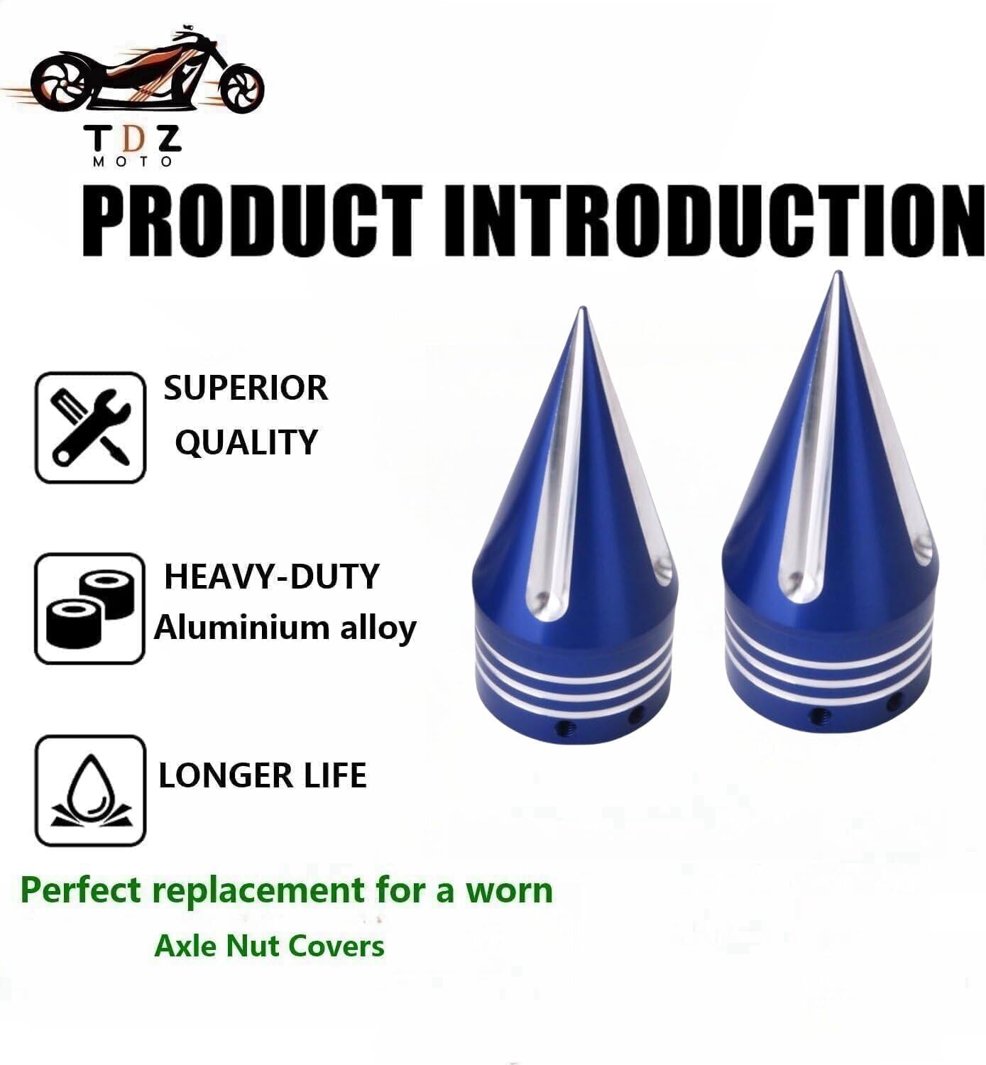 TDZ Front Axle Nut Covers 3.6" Inch Spike Front Axle Nut Covers Caps for Harley Softail Dyna Touring Street Electra Road Glide Sportster ，Blue