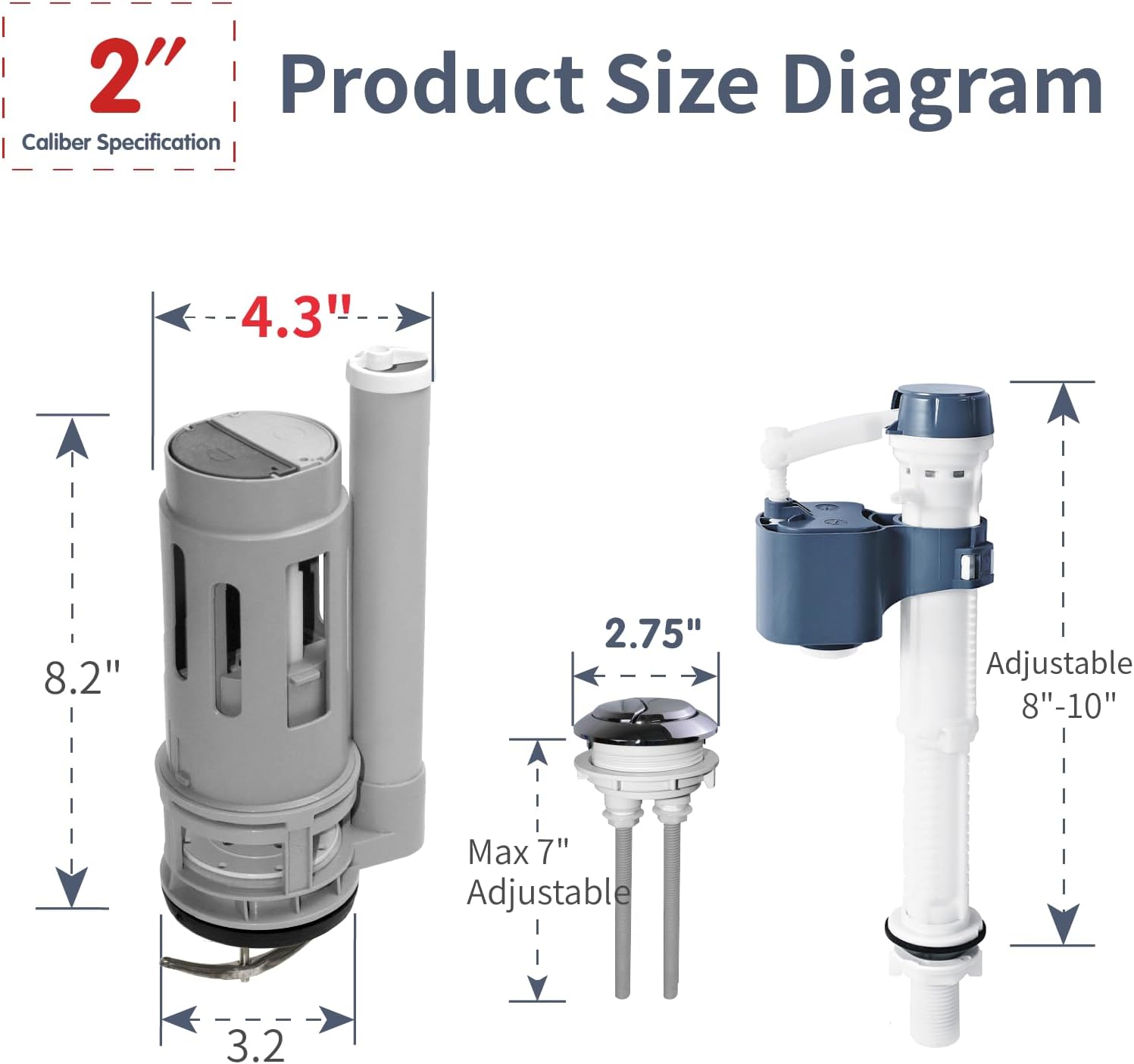 Dual Flush Valve Repair Kit for One-Piece Toilets - Includes 2-Inch Dual Flush Valve Replacement, Adjustable Push Button & Fill Valve, Easy to Install