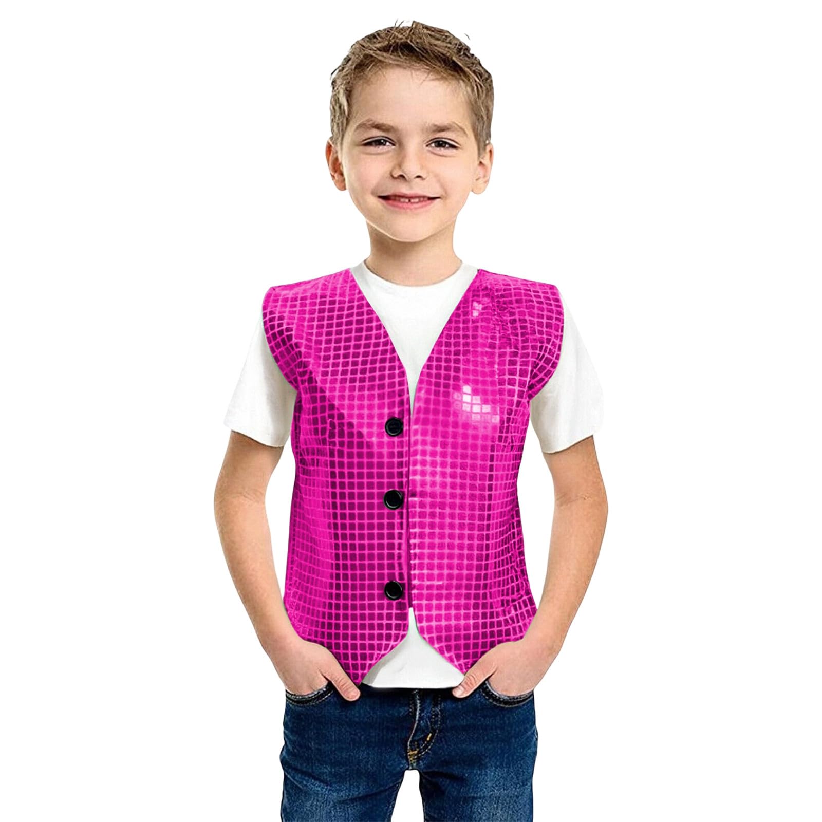 Sequin Vest Unisex Waistcoat Kids Dance Party Show Costume Jacket Top Sparkly Waistcoat for Kids Boys Glitter Coat Shiny Dance Vest for Boys for Party Fancy Dress Up Hip Hop Jazz Hot Pink
