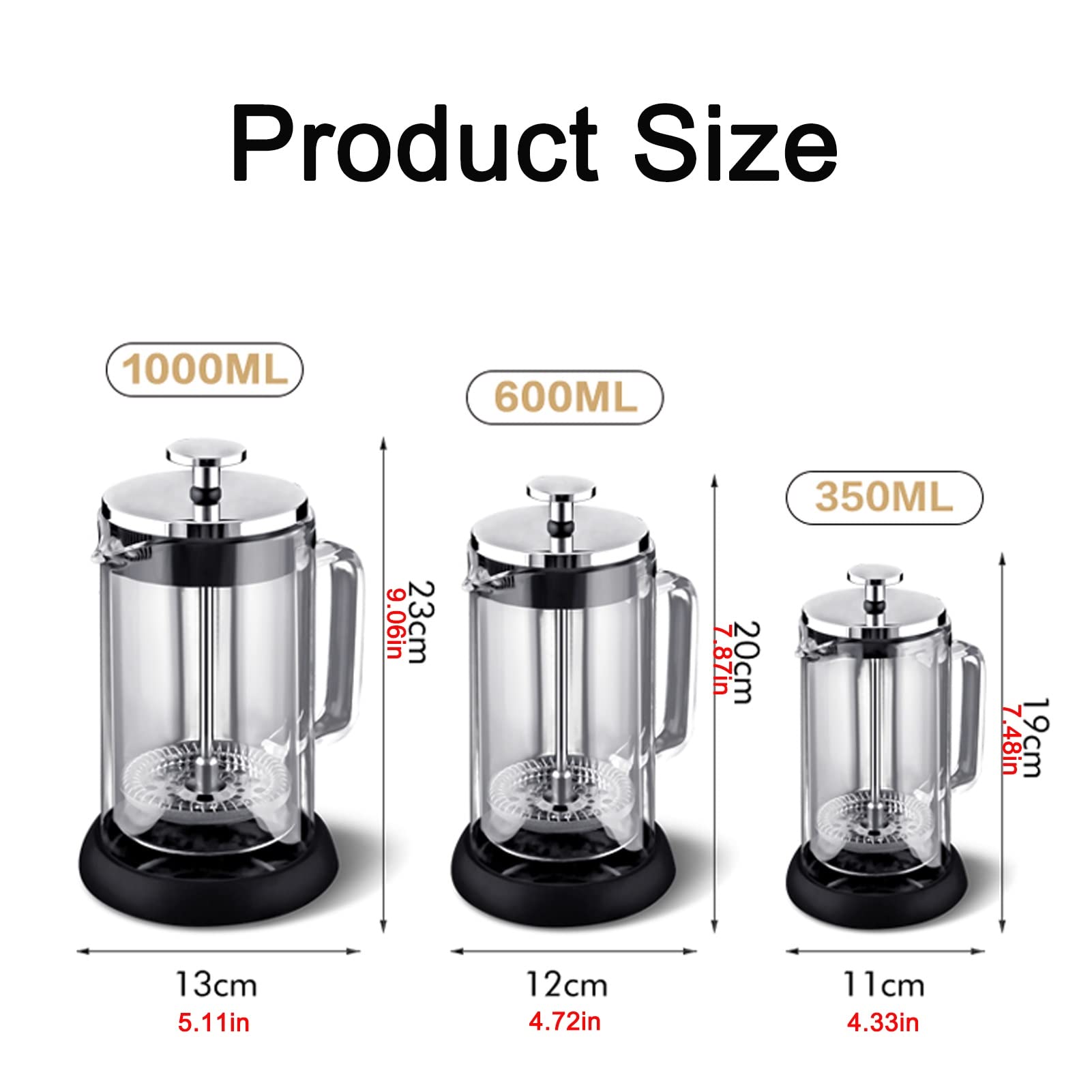 French Press Kaffeebereiter, 304 Durable Edelstahl Hitzebeständige Borosilikatglas Kaffeepresse Teepresse Mit 3 Filtern, Abnehmbar Leicht Zu Reinigen, Kaffeekanne Für Camping Reisegeschenke
