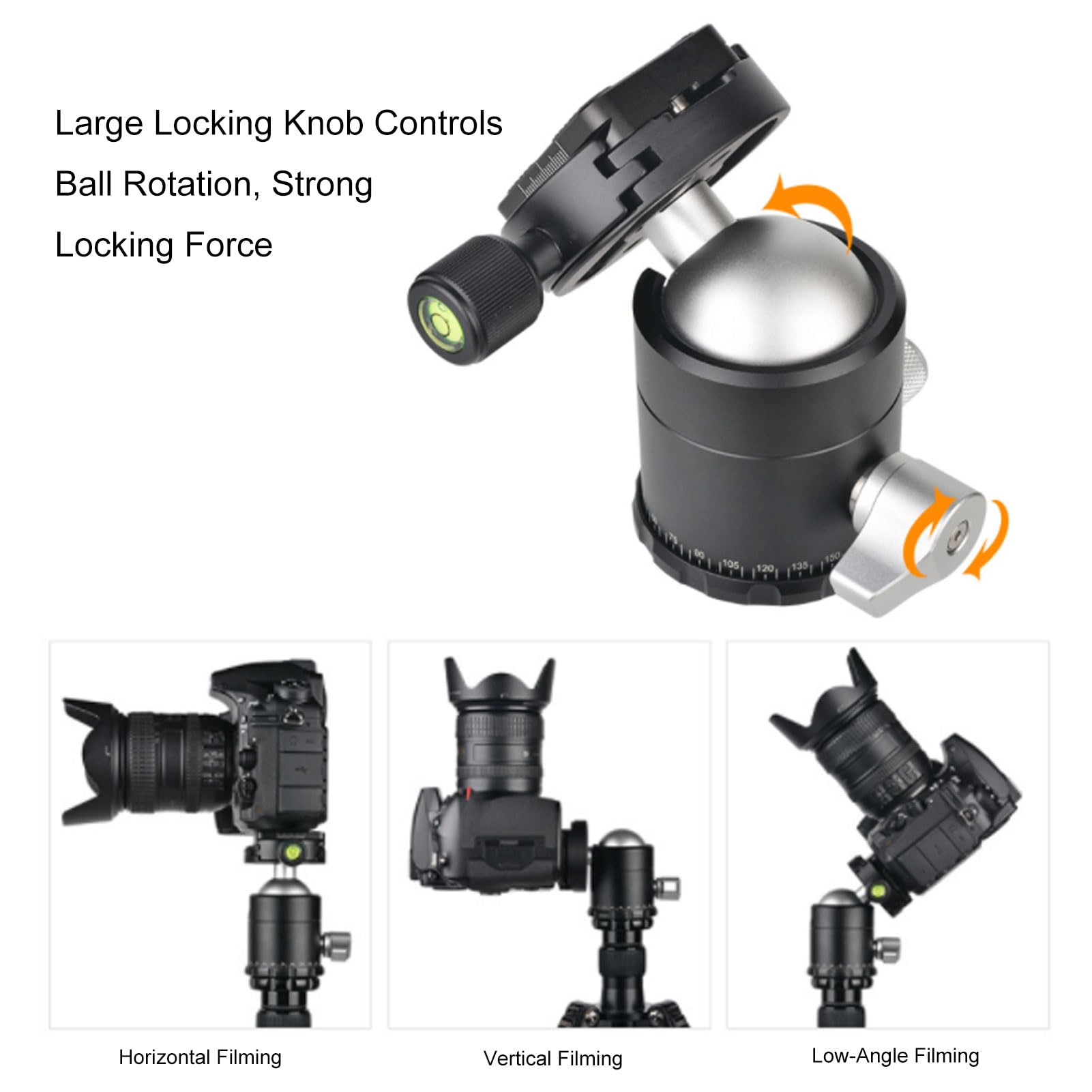 GOWENIC Testa a Sfera per Treppiede da 44 Mm, Testa a Sfera per Montaggio su Treppiede Panoramico per Fotocamera e Base Doppia Filettata con Piastra QR e Livella a Bolla, per Monopiede