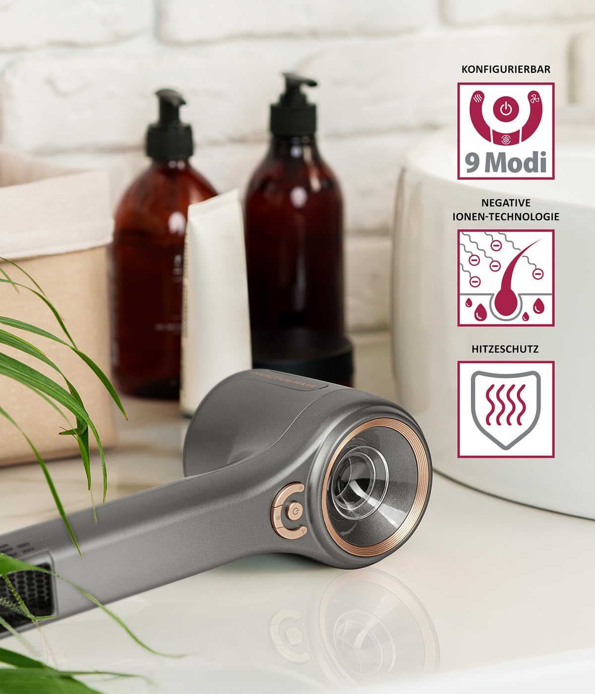 Genius Invictus Föhn Hair D7 Ionen Haartrockner 5 tlg, Reisefön Fön mit 1 Diffusor 3 verschiedene Stylingdüsen, 5 Temperatur- und 3 Geschwindigkeitsstufen, 1600 W Hair Dryer für schnelles Trocknen