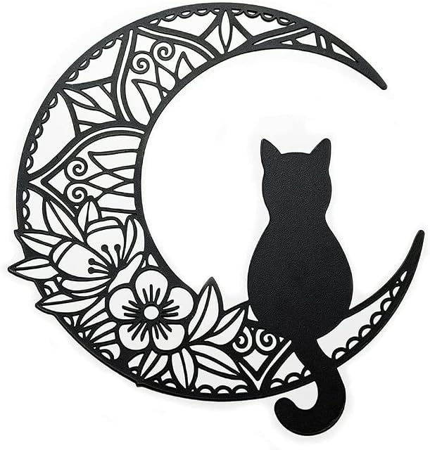 semisky Black Cat and Moon Metal Wall Decor, Metal Moon Phase Wall Art, Cat Wall Sculpture For Cats Lover, Black Cat Hanging Metal Sign Modern Wall Art Decorations