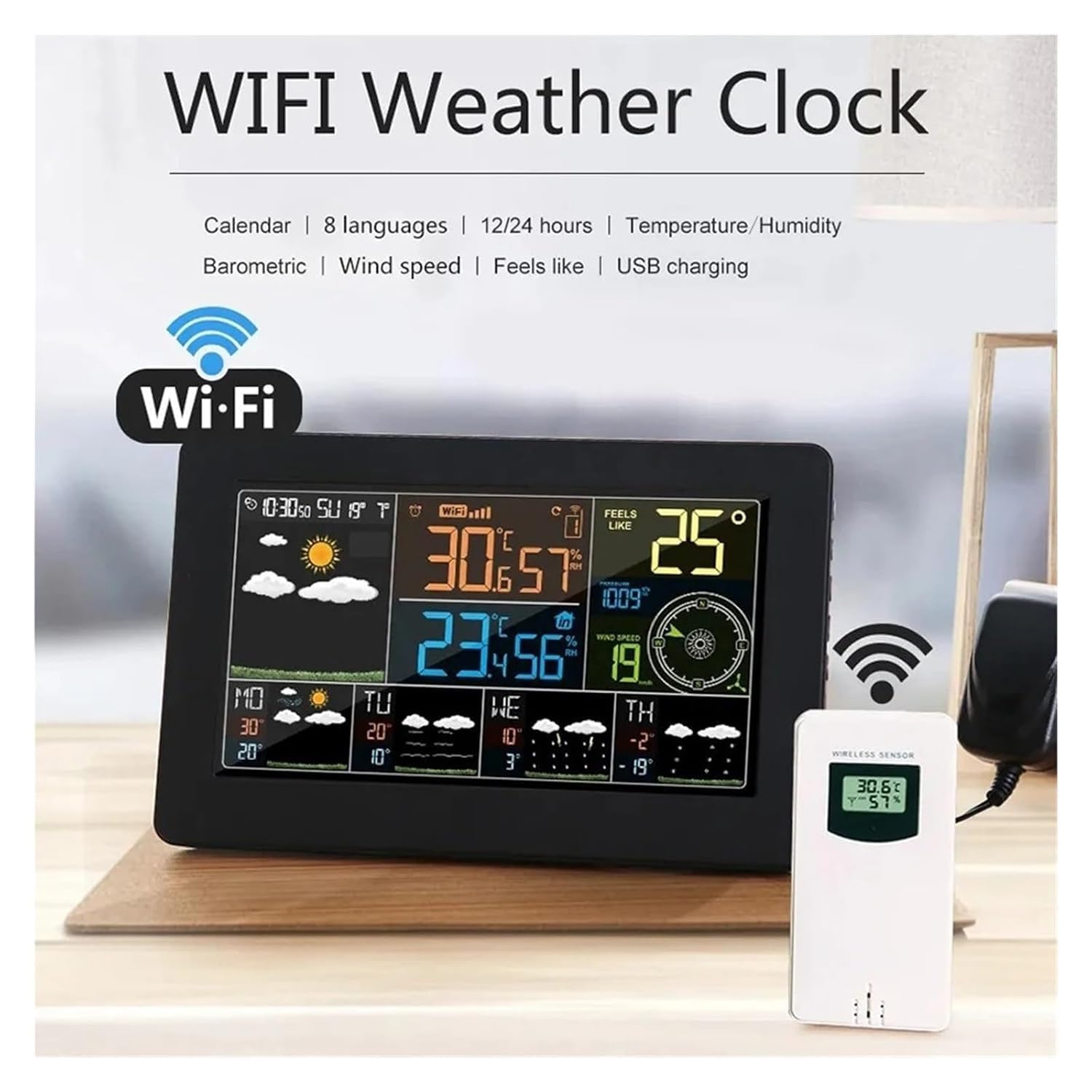 Stazione meteorologica Wi-Fi wireless per interni ed esterni con ampio display a colori, sensore di temperatura e umidità controllato tramite app, sveglia con previsioni meteo intelligenti