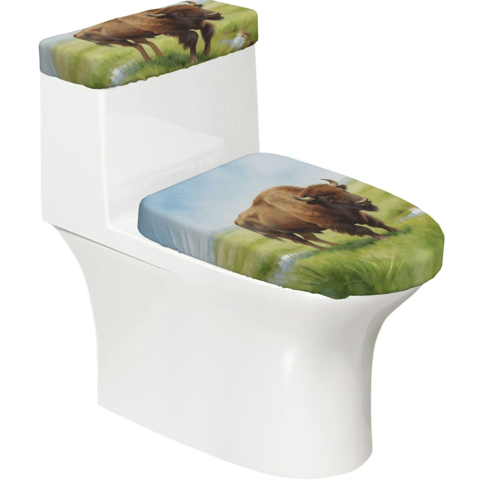 Cntdbu Black Watercolor Bison Prairie Stretchy Toilet Lid And Tank Cover Set-Soft Elastic Bathroom Decor For U Shape Oval