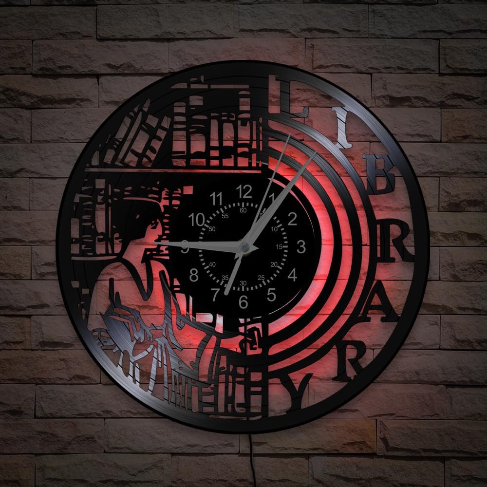 Library Clock Wall Decor, 12 Inch 7 Colors LED Night Light Wall Lamp Clock, Silent Quartz Non Ticking Modern Decorative Vinyl Record Wall Clock Watch for Study Room Bookworms Book Lovers Gift