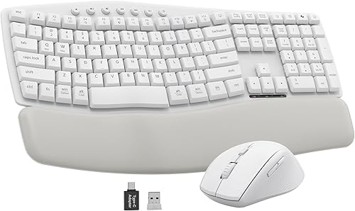 Miniatura 10 de Combo ergonómico de teclado y mouse inalámbricos, juego de teclado silencioso de tamaño completo de 30 dB con teclas onduladas y reposamanos suave,