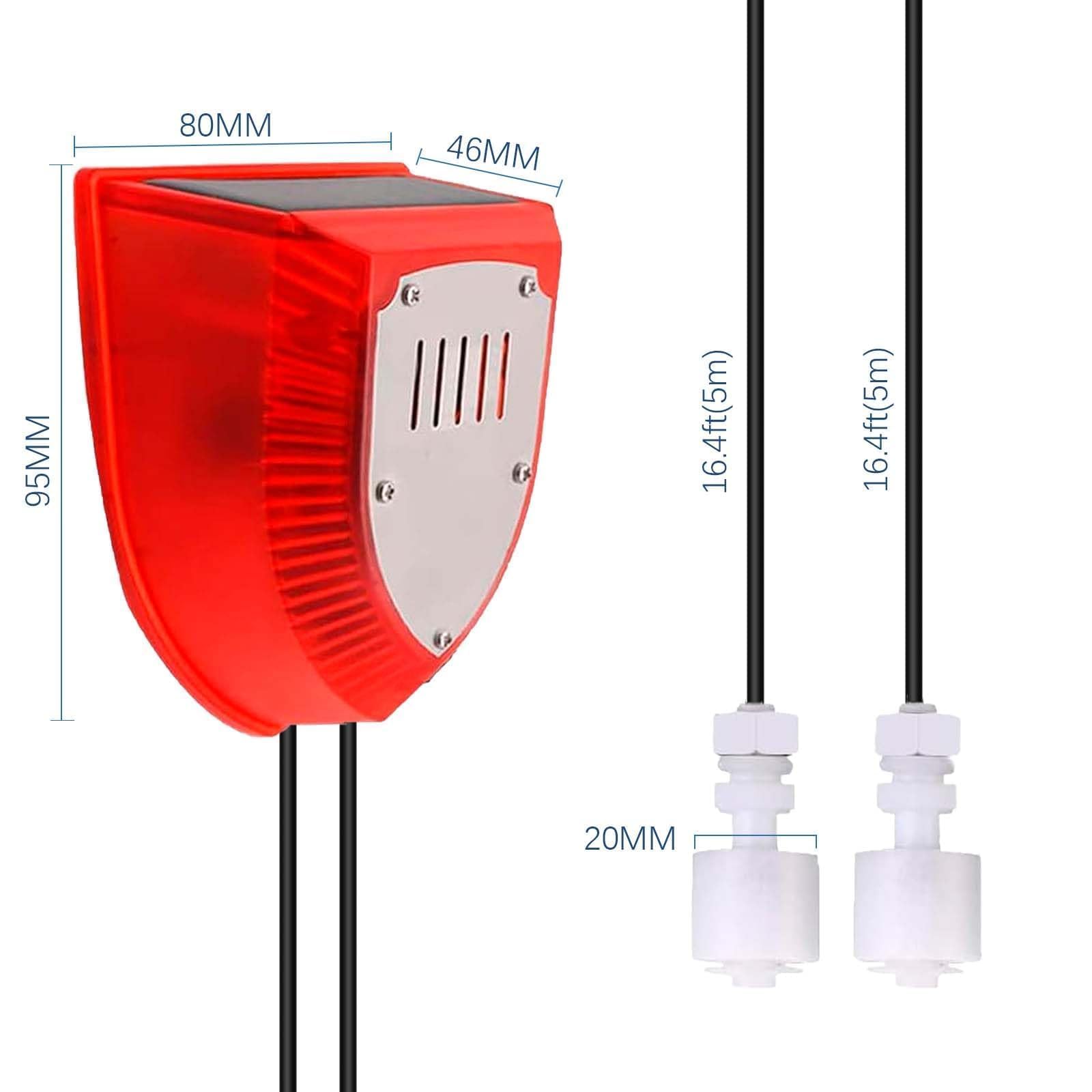Allarme Solare Livello Acqua con Doppio Sensore (Alto/Basso), Impermeabile IP55, Ricarica Solare per Agricoltura/Cantieri/Barche/Cantine, 129 dB, Cavo 5 m, Backup USB