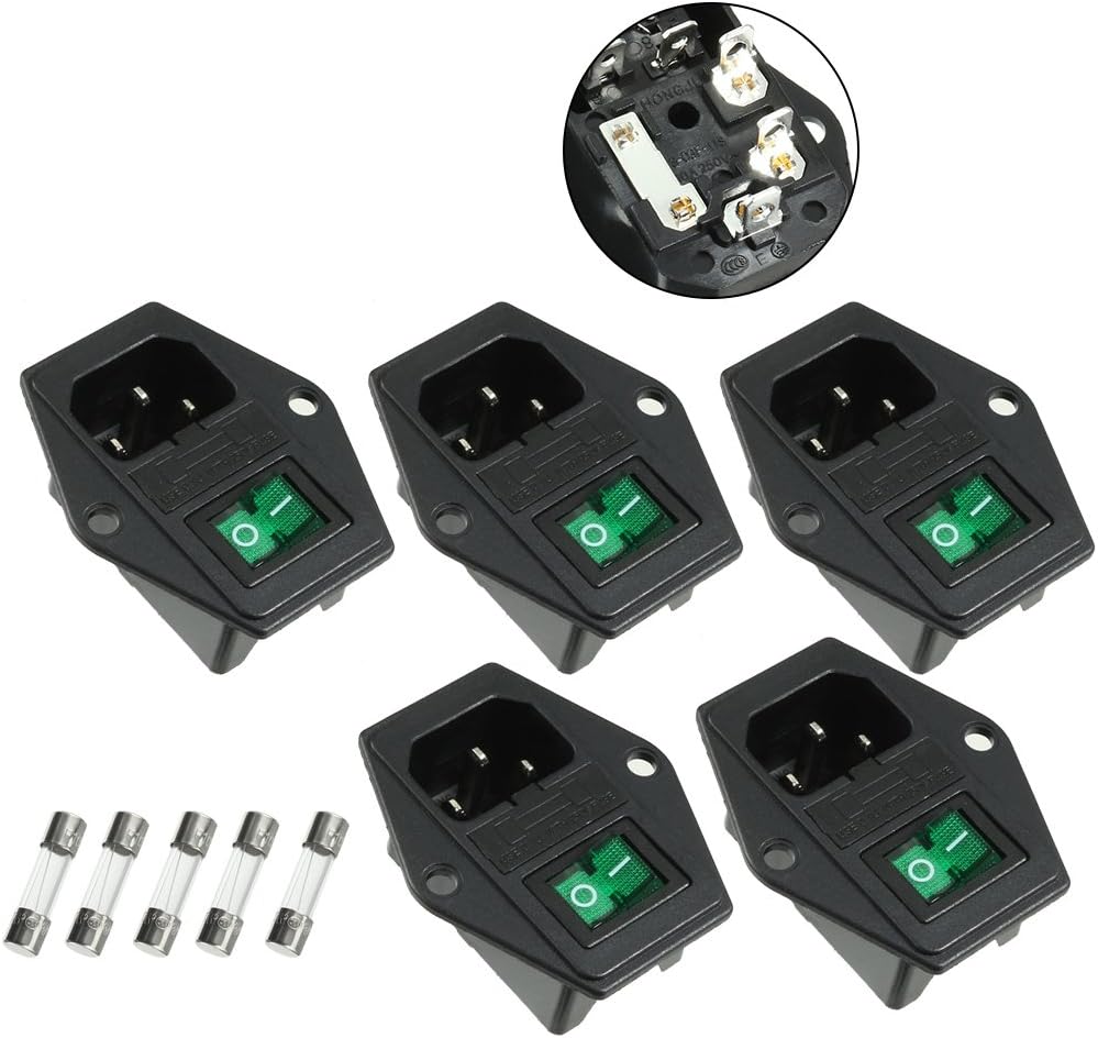 Aexit 5PCS IEC Distribution electrical 320 C14 Male Power Supply Connector w Rocker Switch + Fuse