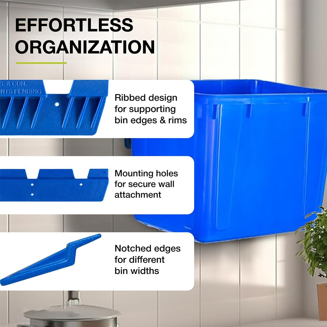 Nova Products Recycle Bin Wall Mount (2 Pack), Blue Bin Hanger for Garage Organization, Heavy-Duty Plastic Wall Storage Bracket with Mounting Hardware, Fits 16 & 22 Gallon Bins