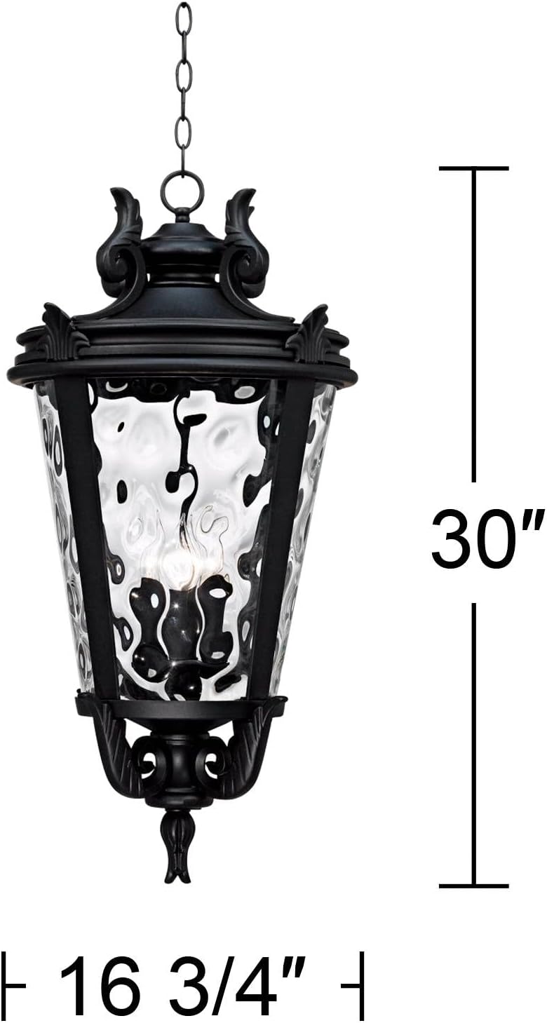 John Timberland Casa Marseille European Outdoor Hanging Ceiling Light Textured Black Scroll 30" Clear Hammered Glass Damp Rated for Exterior House Porch Patio Outside Deck Garage Front Door Home