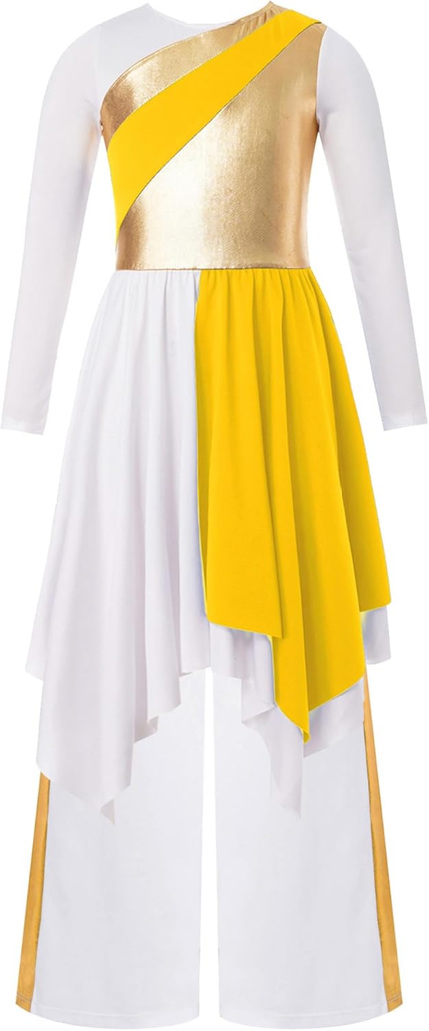 Kids Girls Metallic Gold Praise Dance Dress with Pants Long Sleeve Full Length Liturgical Worship Tunic
