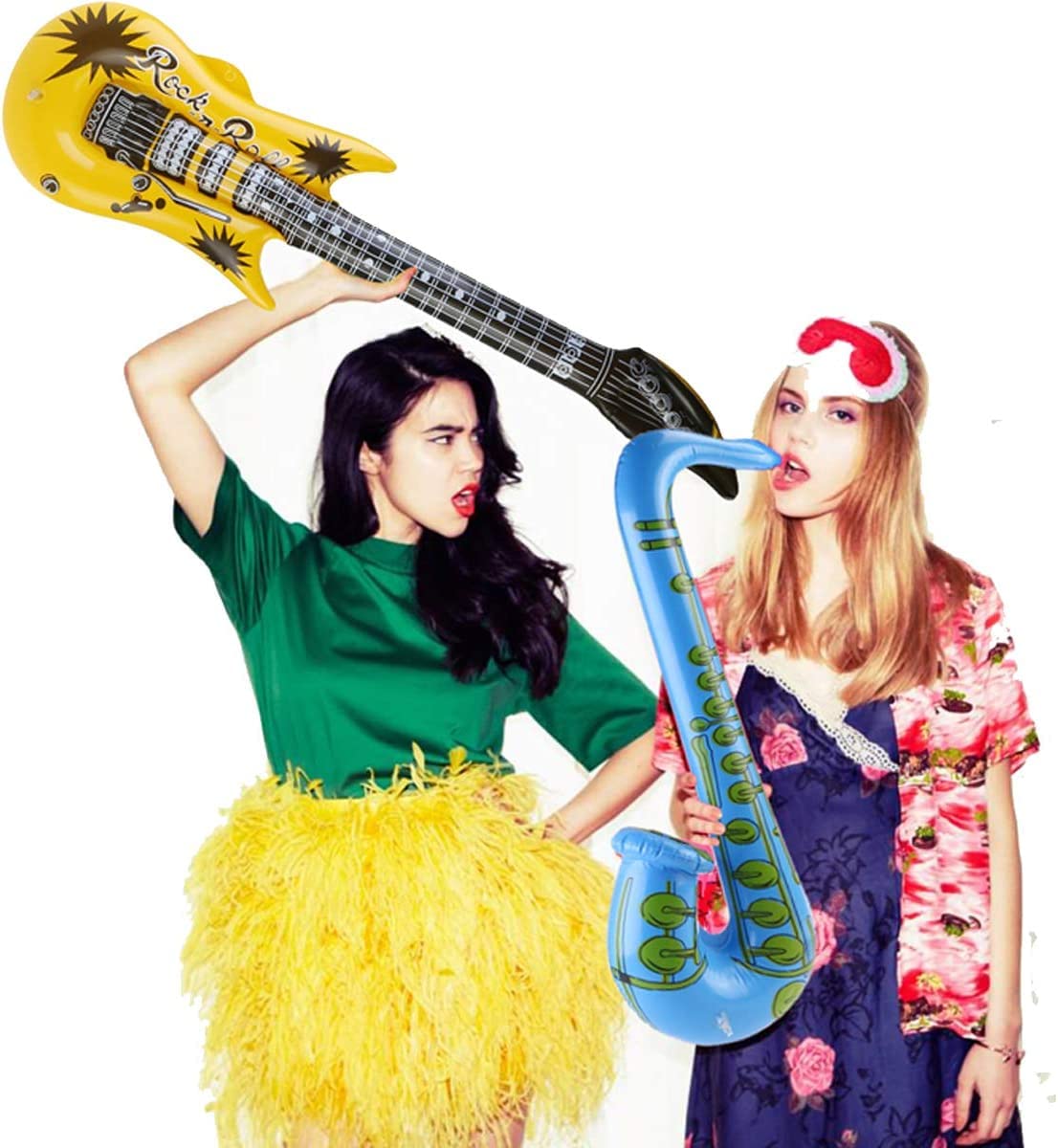 16pcs Juegos de Instrumentos inflables,Juego Estrella de Rock Inflable,Guitarra Inflable, micrófono saxofón, Gafas de Sol, Accesorios de Fiesta inflables