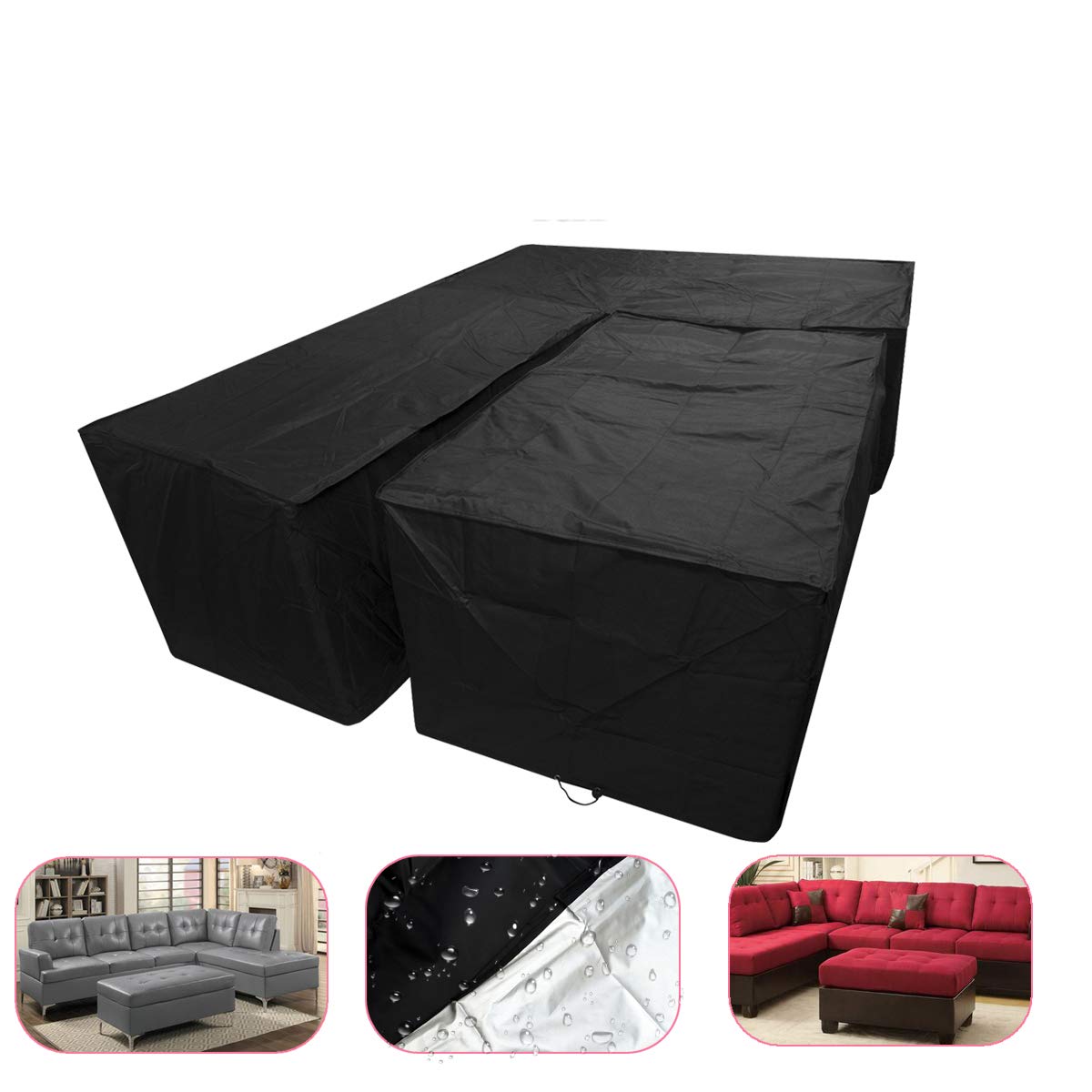 dDanke Black L-Shaped Sofa Cover & Rectangular Table Cover Set for Outdoor Patio Waterproof & Dustproof Furniture Protection (2 Sizes Together)