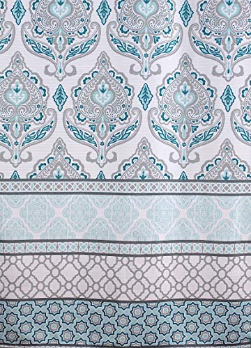 Teal Aqua Blue Grey White Fabric Shower Curtain: Floral Damask With Geometric Border Design #TOP2