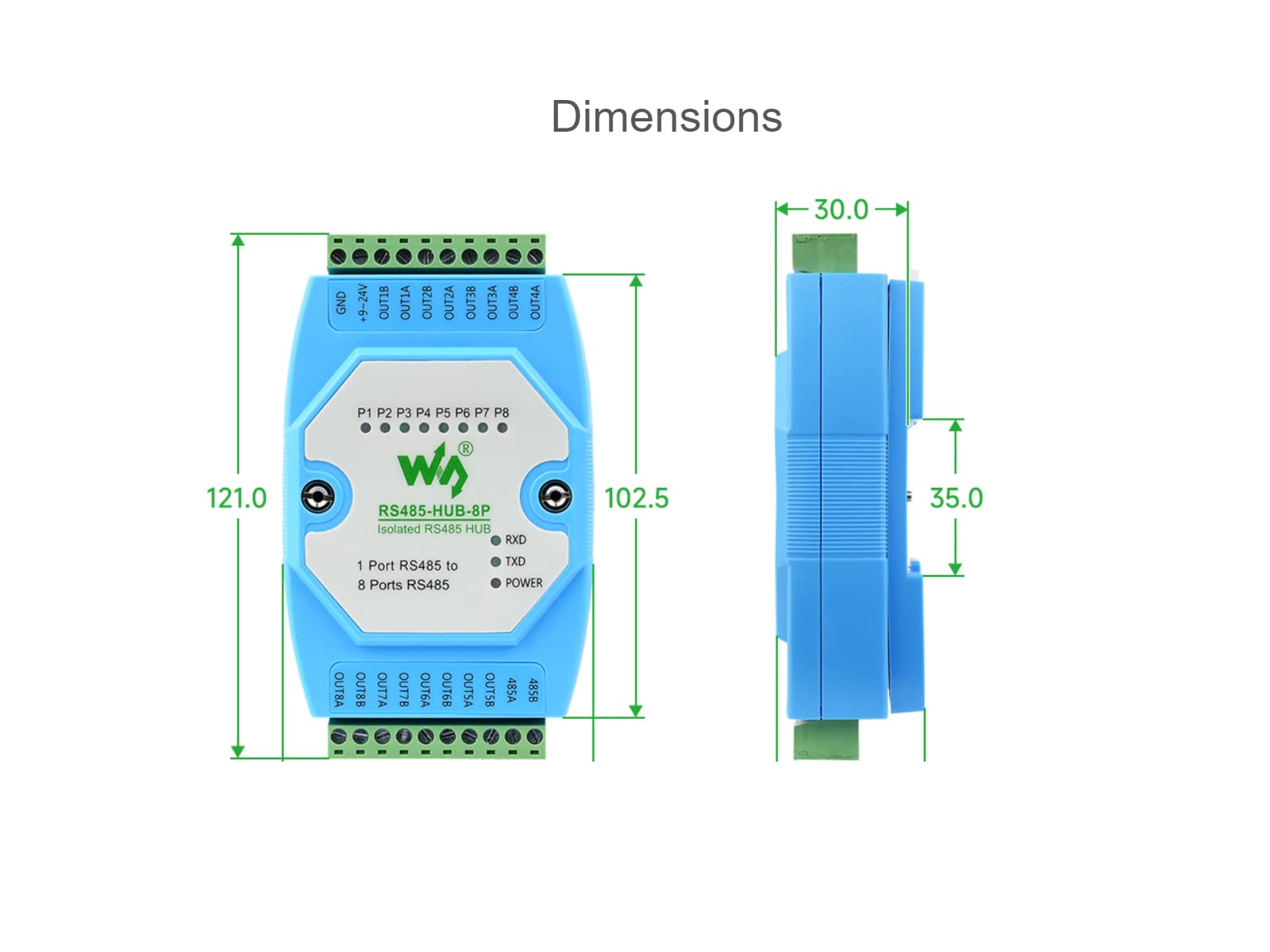 Waveshare Industrial-Grade Isolated 8-Ch RS485 Hub,Rail-Mount 8 Channel Repeater,Extends 8-ch RS485 Slave Ports Via 1-ch RS485 Master Port, with Isolation And Relay,300~460800bps Baudrate