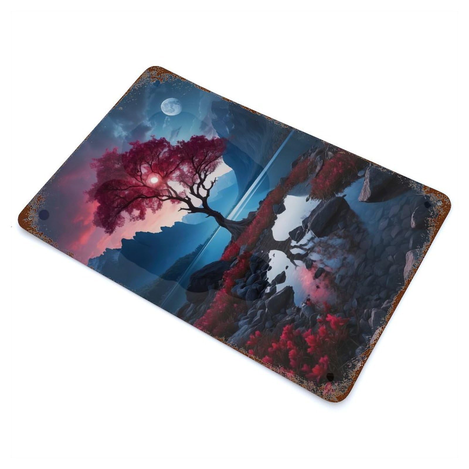 Rust Effect Red Tree by Lake at Night Weathered Tin Sign 11.8"x7.9", Farmhouse Wall Decor for Farmhouse, Kitchen And Entryway Decor