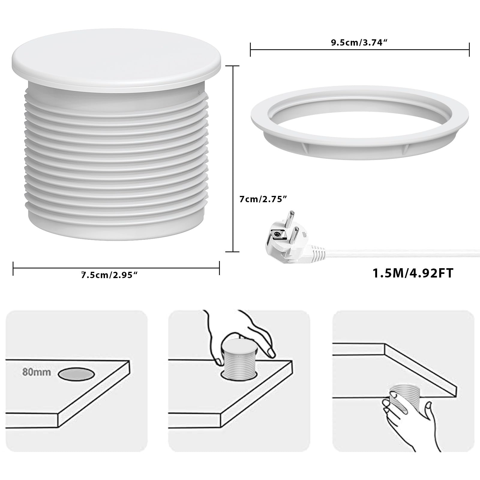 Regleta de enchufes empotrables con 1 enchufe, 1 puerto USB C, 1 puerto USB A, 80 mm de diámetro, 1,5 m de cable, toma de escritorio para cocina, oficina, muebles, color blanco