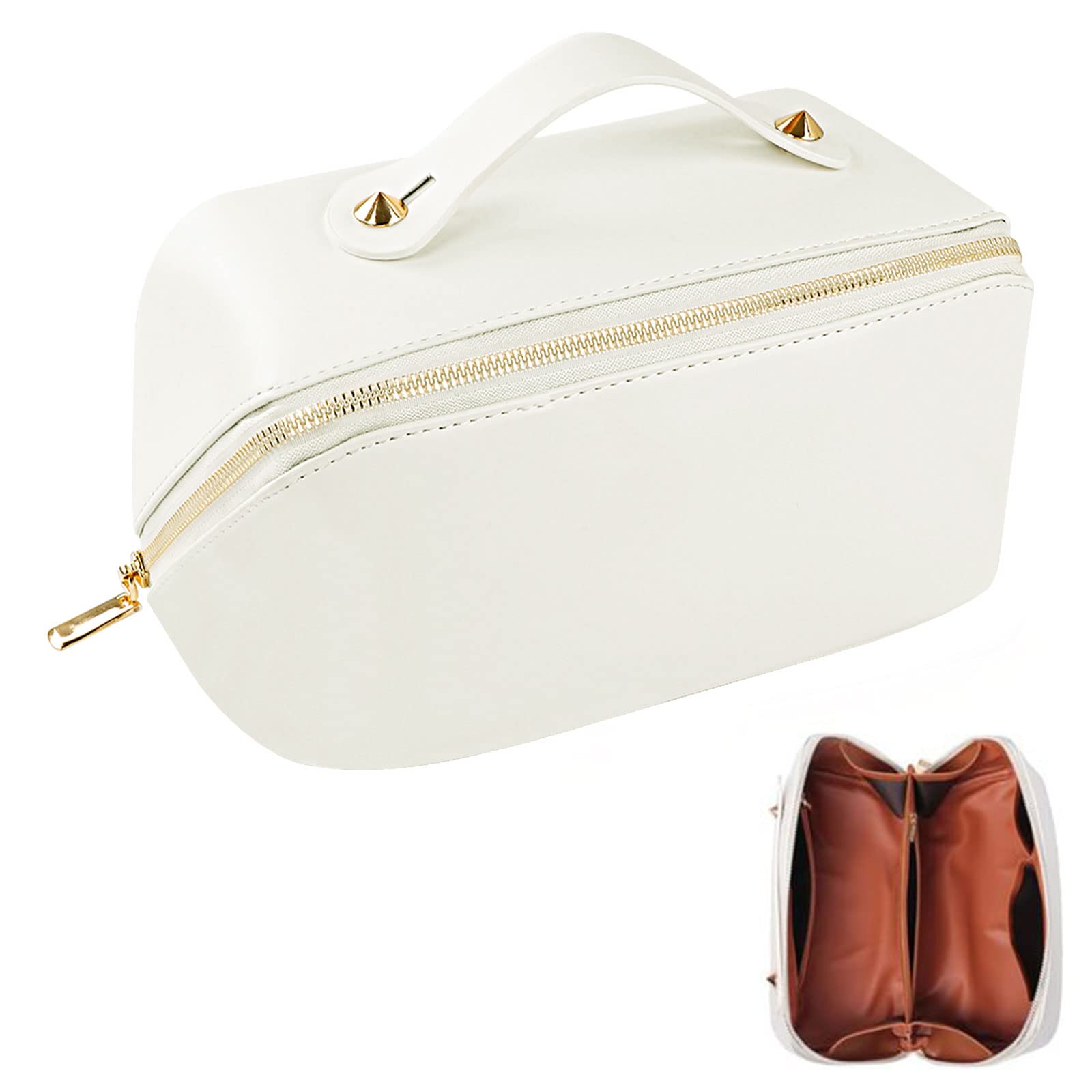 Makeup Bag Organizer, Large Capacity Cosmetic Bag, Portable PU Leather Travel Toiletry Make Up Bags for Women with Dividers and Handle for Christmas Birthday Gifts, White