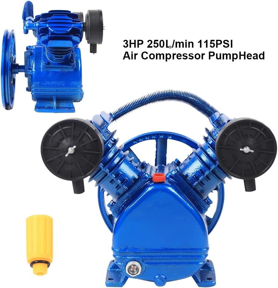 Air Compressor Pump Head 115PSI 3HP Twin Cylinder Air Compressor Pump Head, Double Stage Universal Low Energy Consumption Air Compressor Head Faster Inflation & Low Noise (2200W, 3HP, 115PSI)