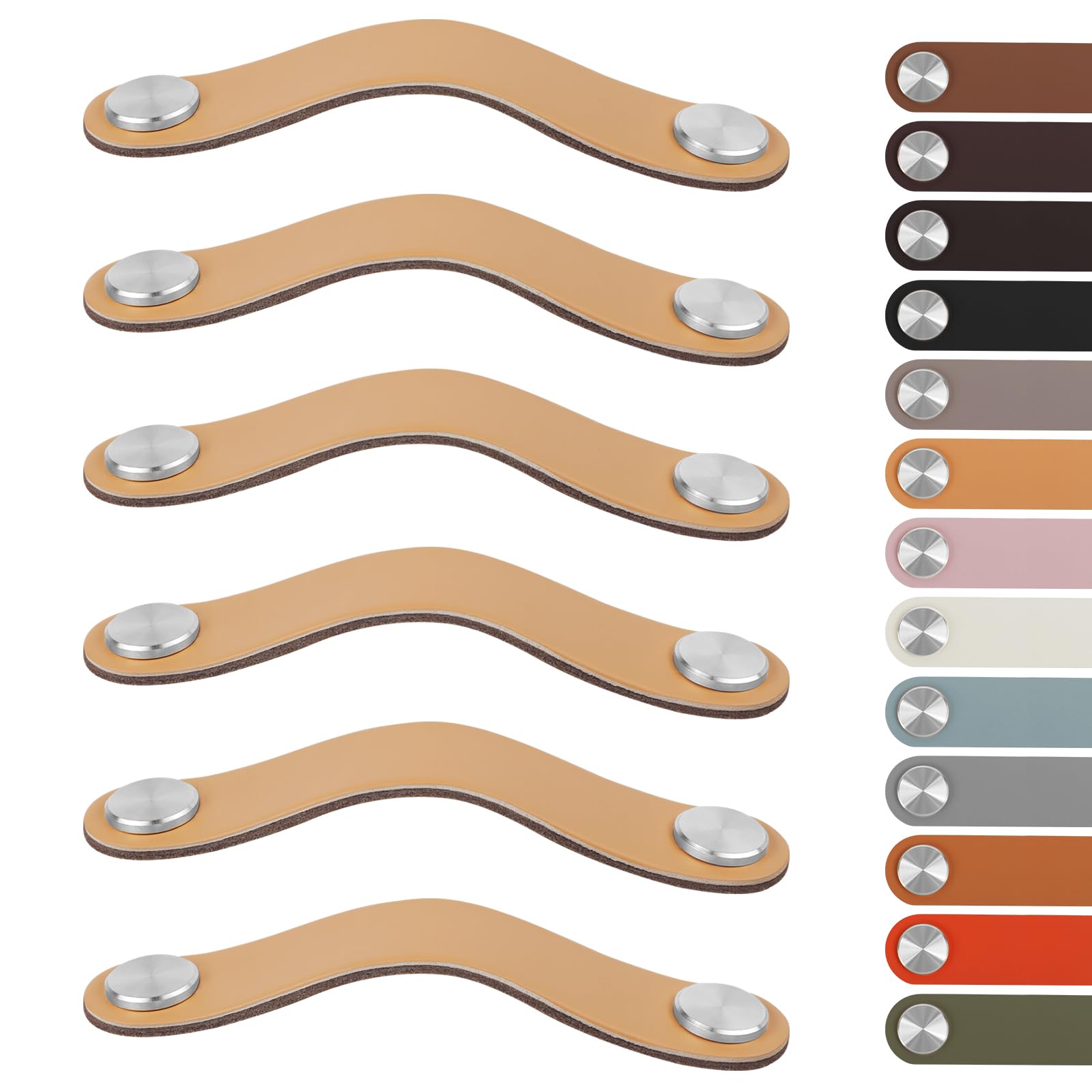 LEREATI 6pcs Leather Drawer Handles Fit to 96mm Cupboard Hole Pitch, Faux Leather Pulls Cabinet Handles, Drawer Knobs for Kitchen, Bathroom, Dresser, Wardrobe (96mm Hole Center, Silver + Beige) — image 1
