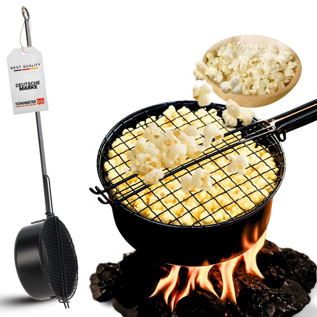 Poêle à pop-corn à feu ouvert et machine à popcorn à manche long avec couvercle à barbecue, idéale pour le camping et la machine à popcorn, machine à popcorn
