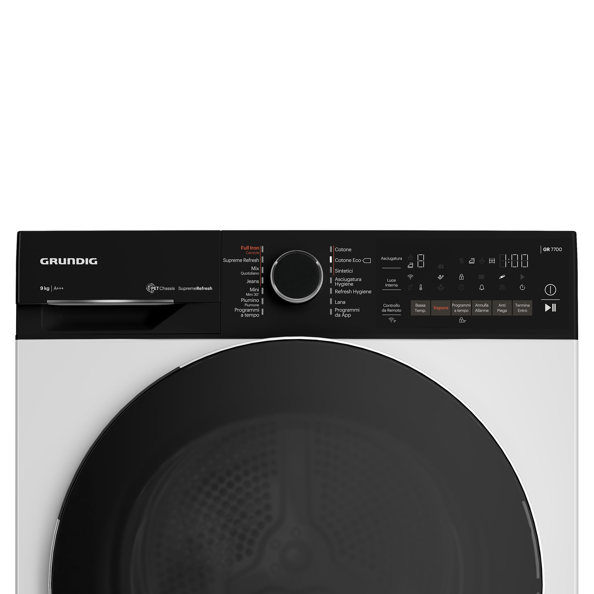 GRUNDIG - GTP6324WI-IT - Asciugatrice 9kg, Classe A+++, Display Touch PRO, VAPORE SupremeRefresh, porta reversibile, Wi-Fi, dba 63 AxLxP 84x60x65,3