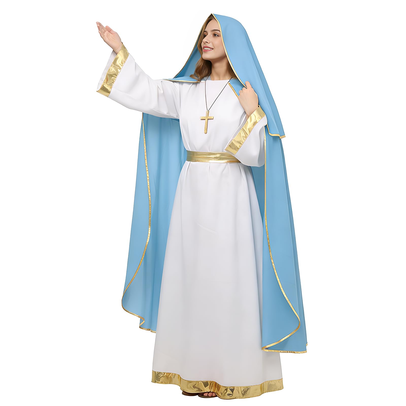 UniqKaliber Halo Virgin Mary Costume for Women Adults Nativity Christmas Costumes Suit Biblical Costume, White & Blue, L-XL - Image 4