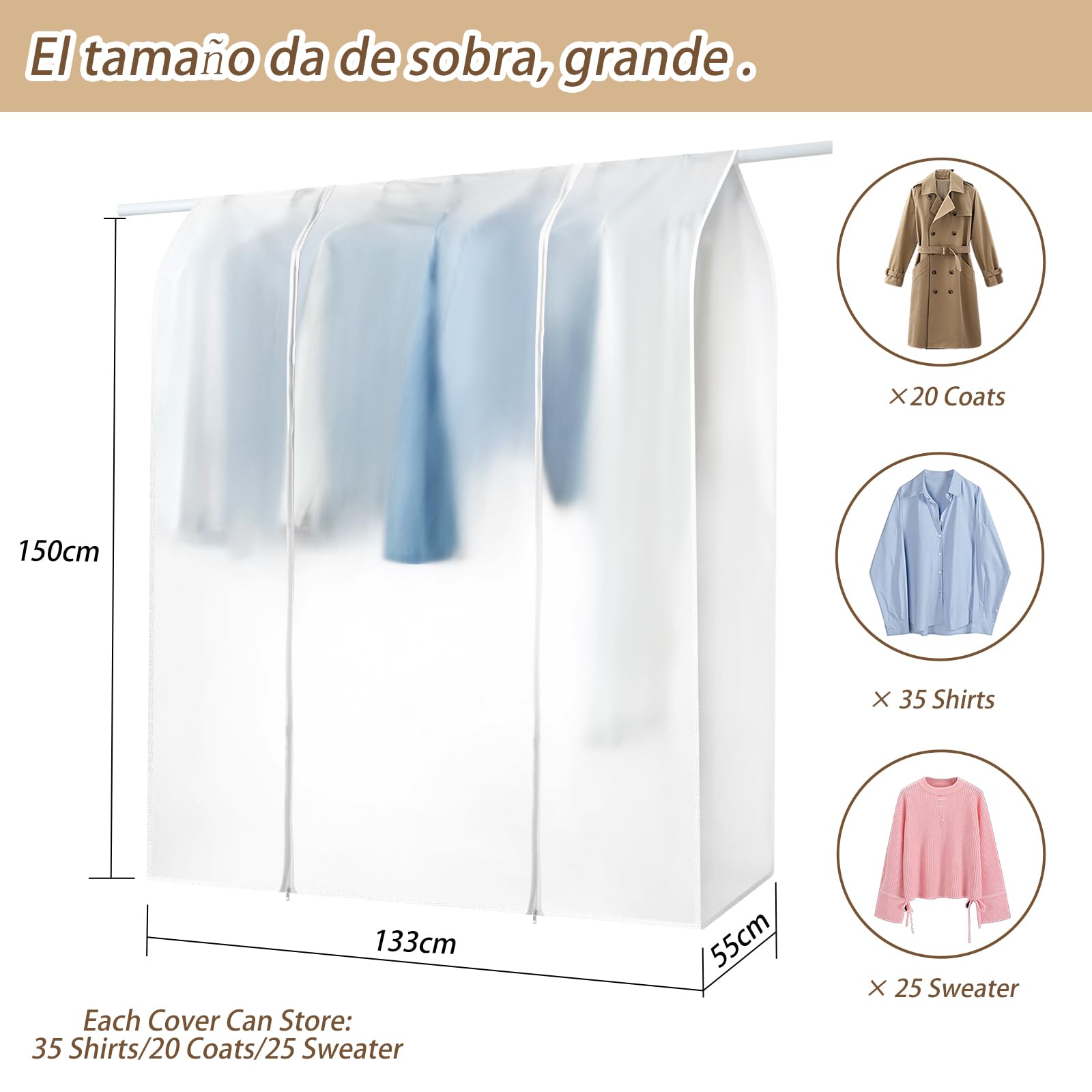 HLC-Funda Transparente ensanchada de Ropa con Cremallera Resistente,Ideal para Evitar Polvo y Suciedad,133 * 55 * 150 cm