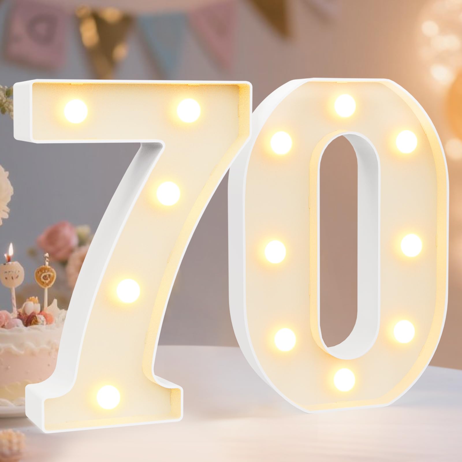 Decorative Led Light Up Numbers Letters, White Plastic Marquee Number Lights Sign for 70th Birthday Party Wedding Decor Battery Operated Number (70) โ image 1