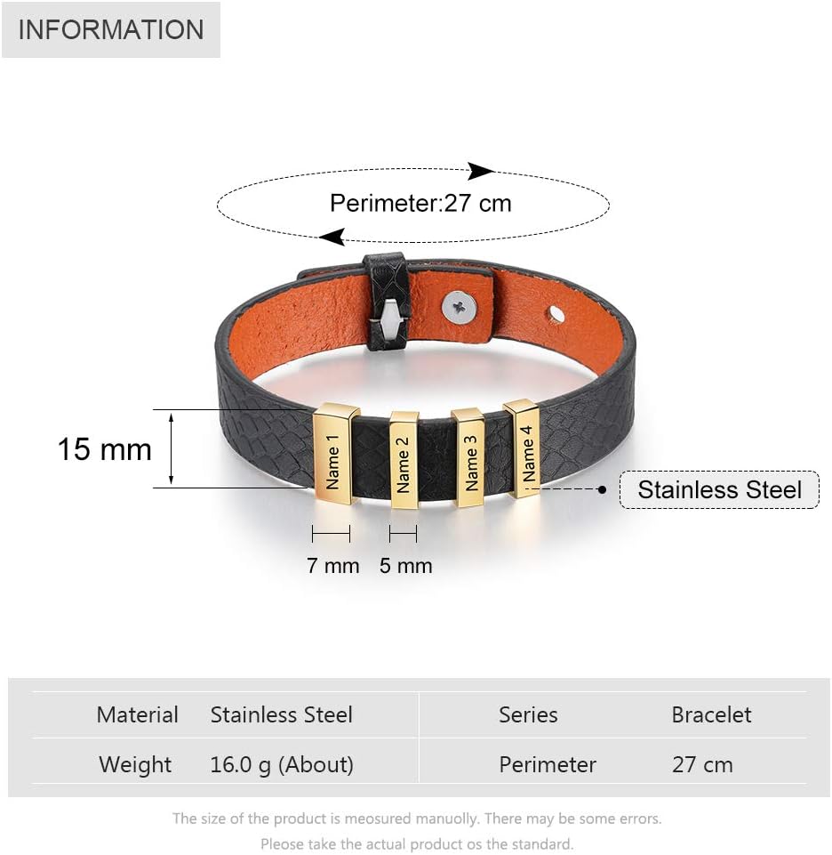 Lovejewelry Personalized Mens Leather Bracelet with Small Custom Beads Free Engraving 2-4 Names Adjustable Bangle Bracelets for Boyfriend