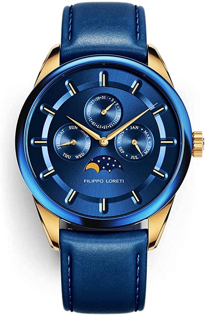 Filippo Loreti Venice,Italian Design Moonphase Watches 40mm Blue Dial Saphire Glass,Rosegold Stainless Steel Mesh Bracelet,316L Stainless Steel Case,Japan Movement,Blue Dial, Venice