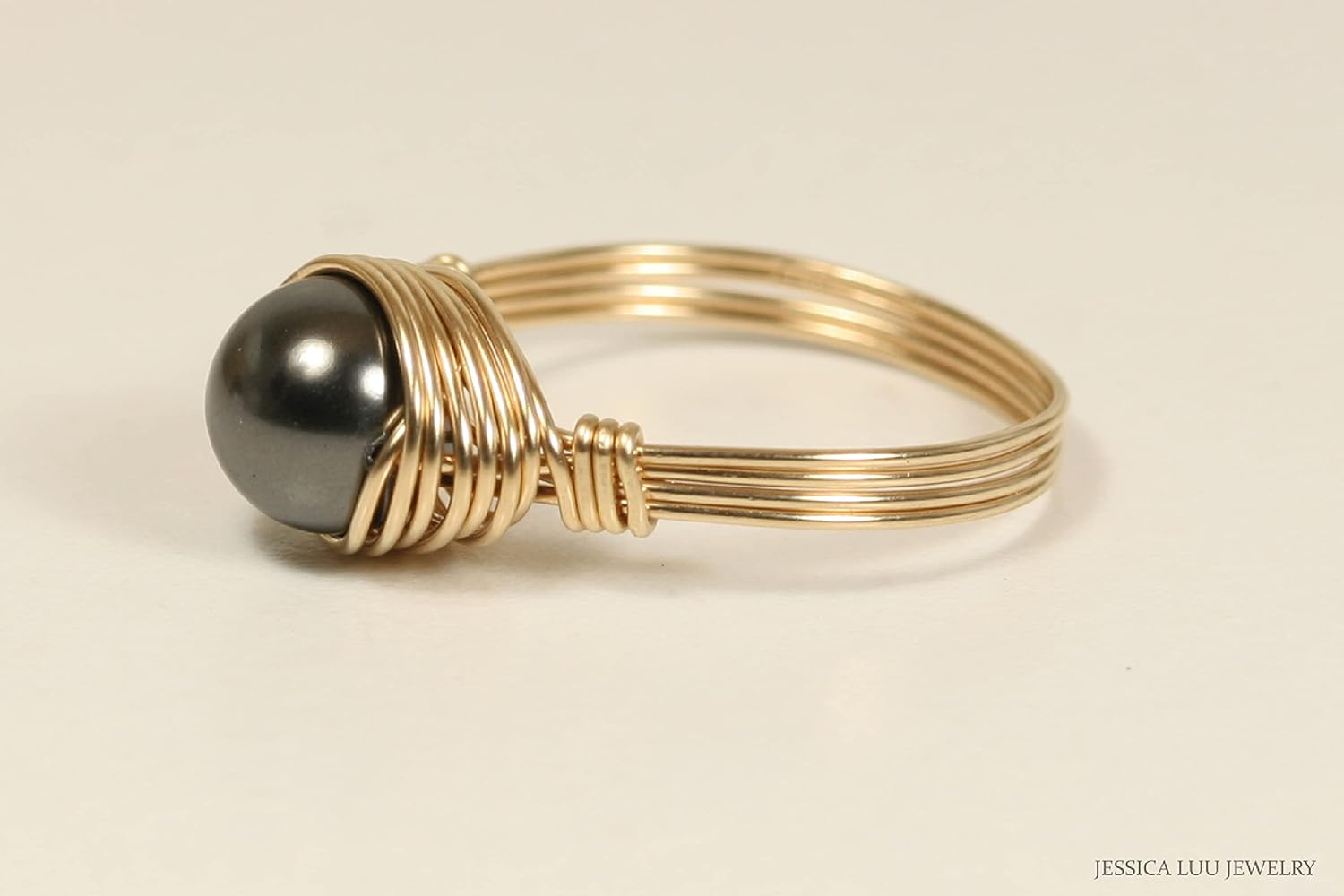 JESSICA LUU JEWELRY Gold Black Pearl Ring Wire Wrapped Handmade