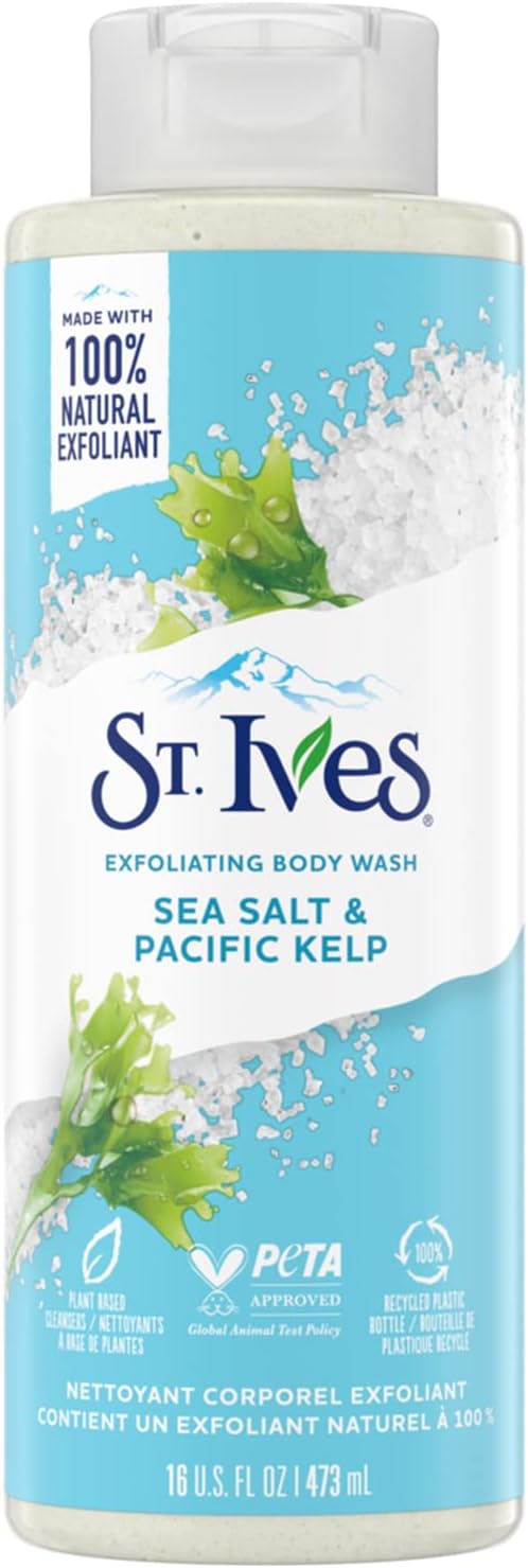 St. Ives Exfoliating Body Wash - Sea Salt & Pacific Kelp Scrub, Natural Body Wash, Body Soap, or Hand Soap with Plant-Based Exfoliants for Glowing Skin, 16 Ounces