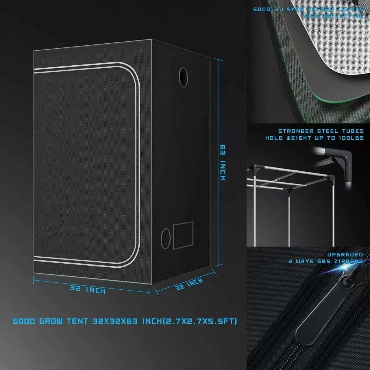 Kit Cultivo Indoor Completo: Carpa con LED Full Spectrum 100W, Extractor 10cm + Filtro Carbón, Riego Auto, Calefactor, Humidificador 4L, Ventilador Pinza, 3 Macetas Tela, Timer y Termómetro