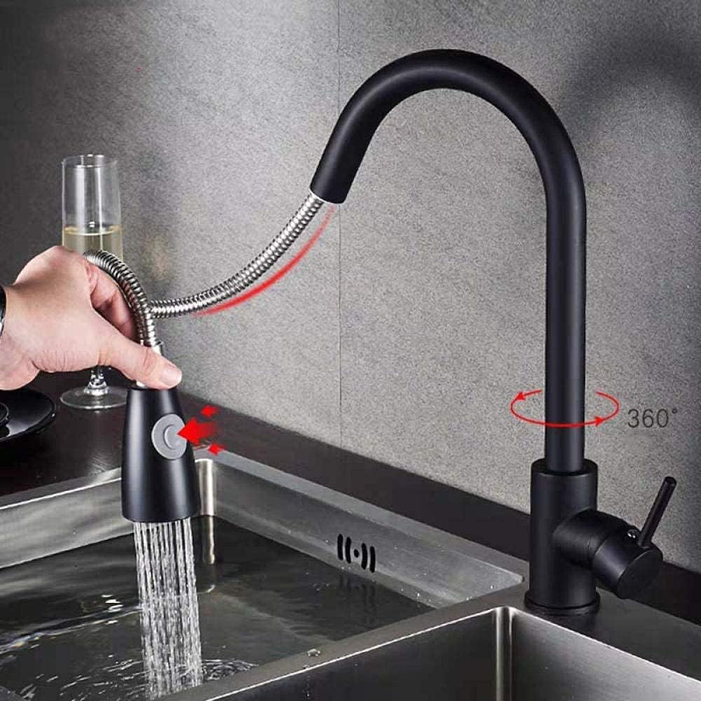 Tap, Single Handle Can Be Rotated 360 Compatible with Pull-Out Dual Rinsing Spray Stainless Steel Drawing Kitchen Sink Hot and Cold Water Taps, Modern Style(Black)
