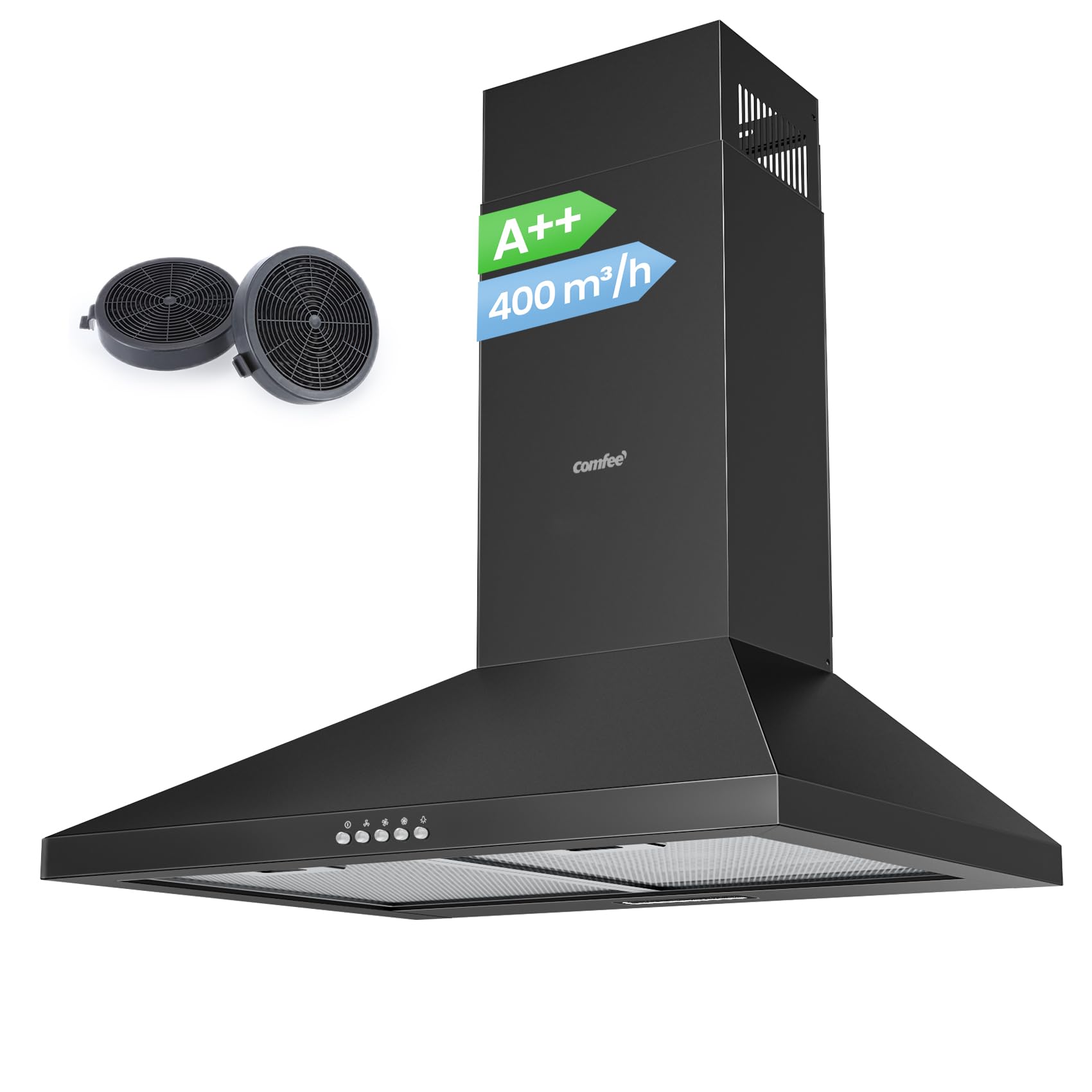 COMFEE' CH60A17EM400SS-EU A++ Hotte Aspirante 60 cm à Recirculation et Évacuation d'air avec Filtre à Charbon Actif, Débit d'air de 400 m³/h, Filtre à Graisse Lavable, Cheminée Réglable, Argenté