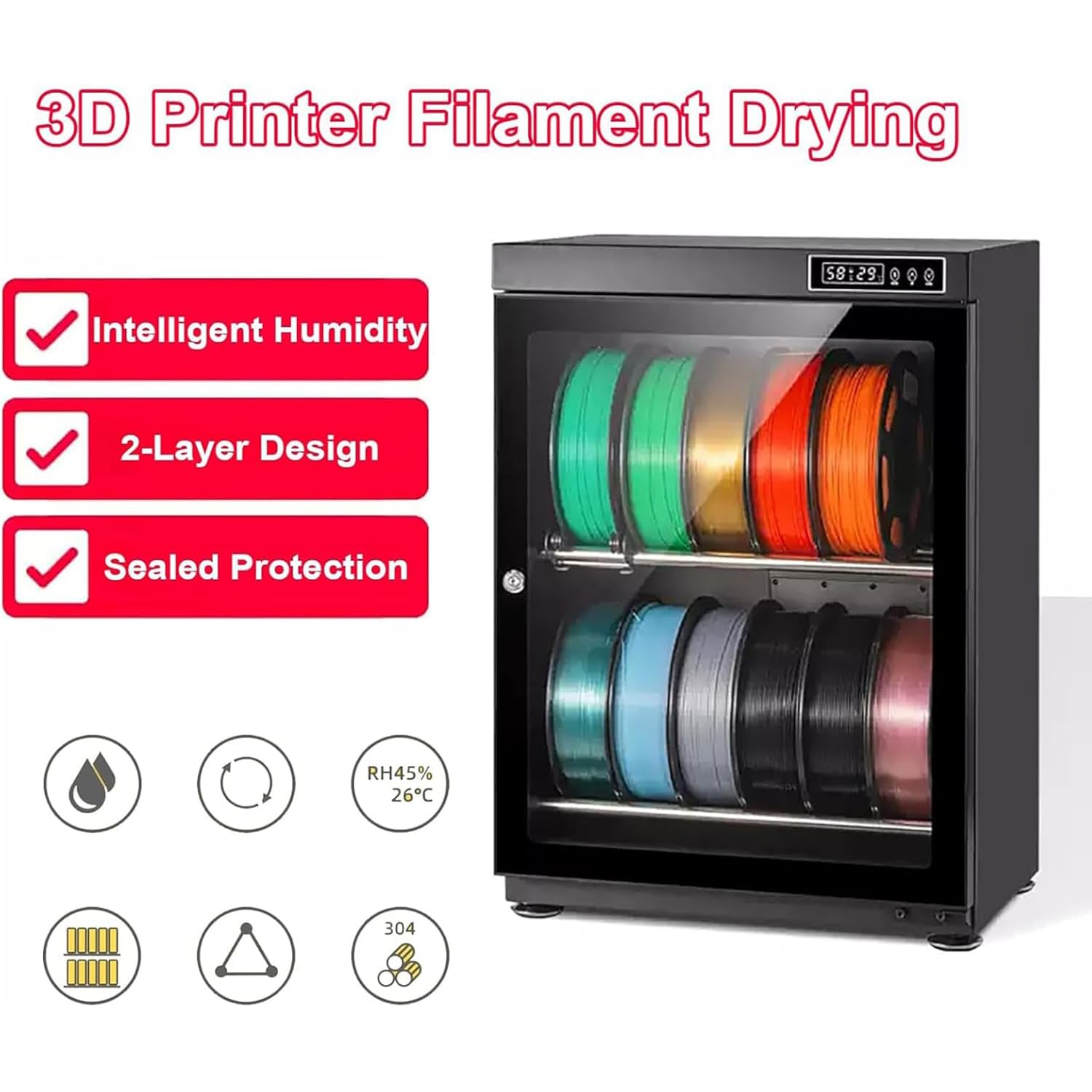 Caja secadora de filamentos, almacenamiento antihumedad para hasta 12 rollos de 1 kg, control inteligente de humedad, bloquea el polvo y la humedad para impresión 3D
