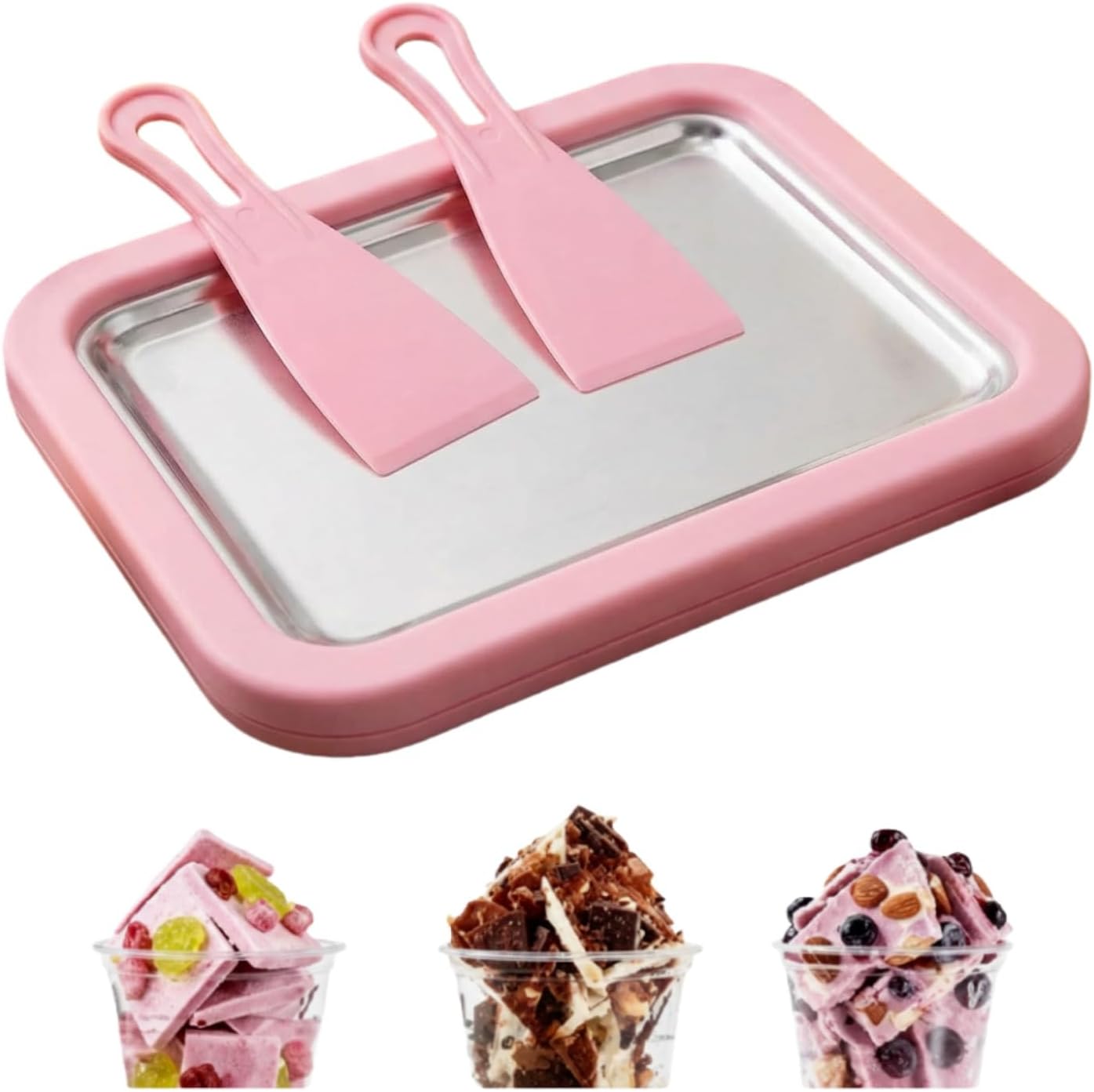 Portable Rolled Ice Cream Maker for Home Use, 2-in-1 Ice Cream Roll Maker Machine with 2 Scrapers & Cold Plate, Mini Ice Cream Tray & Board Kit for couple and Family, Makes Frozen Yogurt Gelato (Pink)