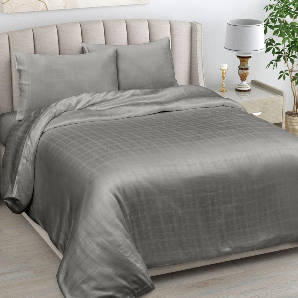 LINENWALAS 100% Natural Bamboo Duvet Sheets Set 4 Pc Self Design Window Pane - Luxury Softest Cool Bedding Perfect for Skincare- Duvet Cover, Fitted Sheet & Pillowcases (Emperor, Charcoal Grey) โ image 1
