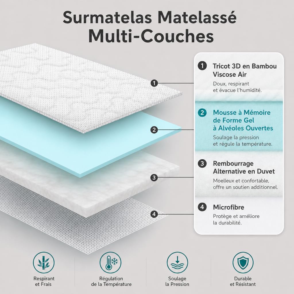 Surmatelas Housse 140x190 Mémoire de Forme | Poche 30cm | Soulage Le Dos (140x190cm)
