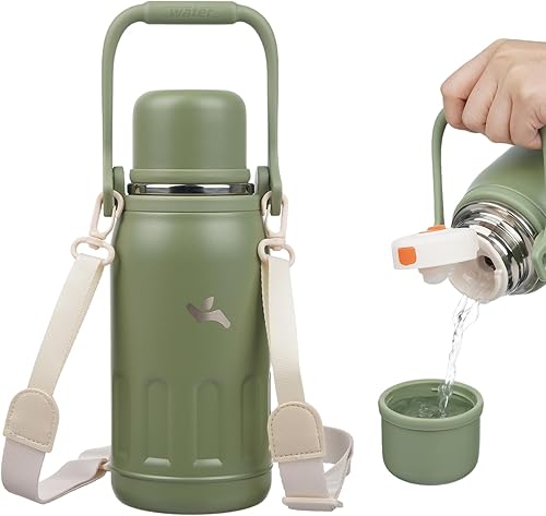 Botella de agua aislada con asa y correa, vaso de viaje al vacío con tapa de taza, taza de café térmica para bebidas frías y calientes, 27 onzas,