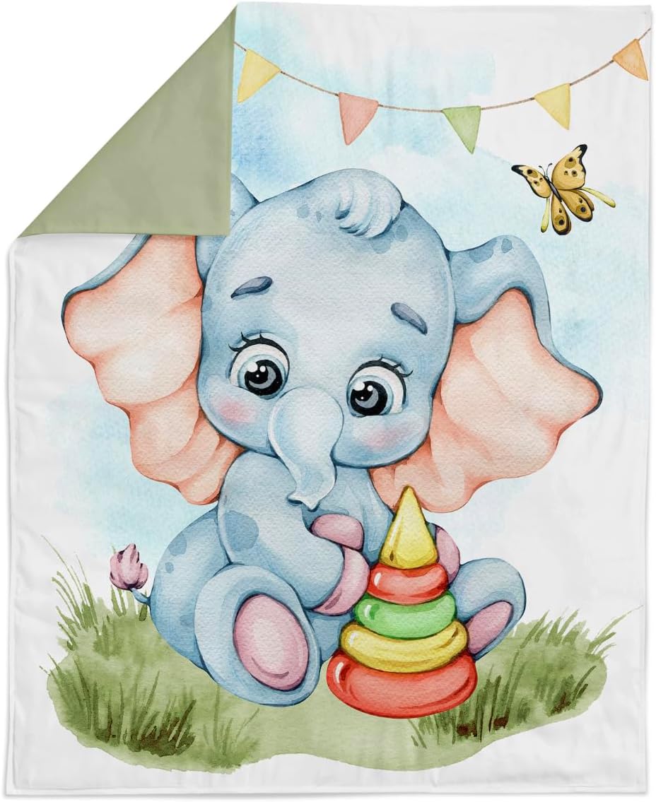 UNIQUE Baby Elephant Fabric Panel, 29x39in, Quilting Panel, Cotton Sateen, Digital Print, Mint, Grey